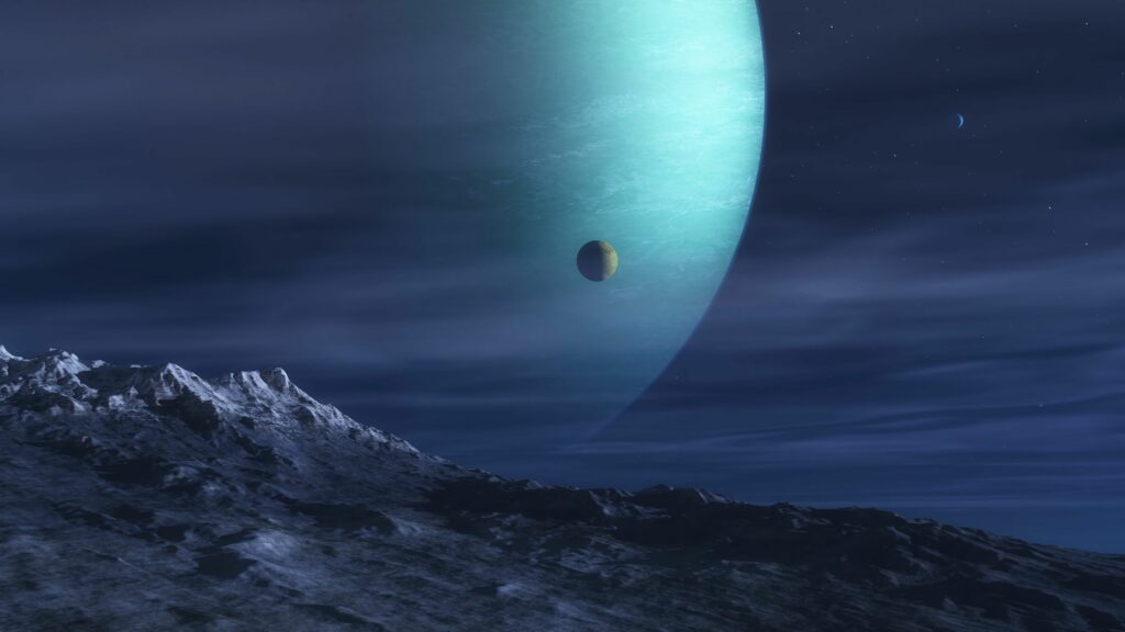 Mesmerizing Cosmic Wallpaper: Turquoise Planet & Rugged Terrain