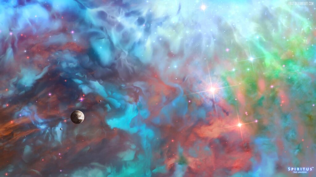 Vibrant Cosmic Wallpaper: Planet, Colorful Clouds & Glittering Stars