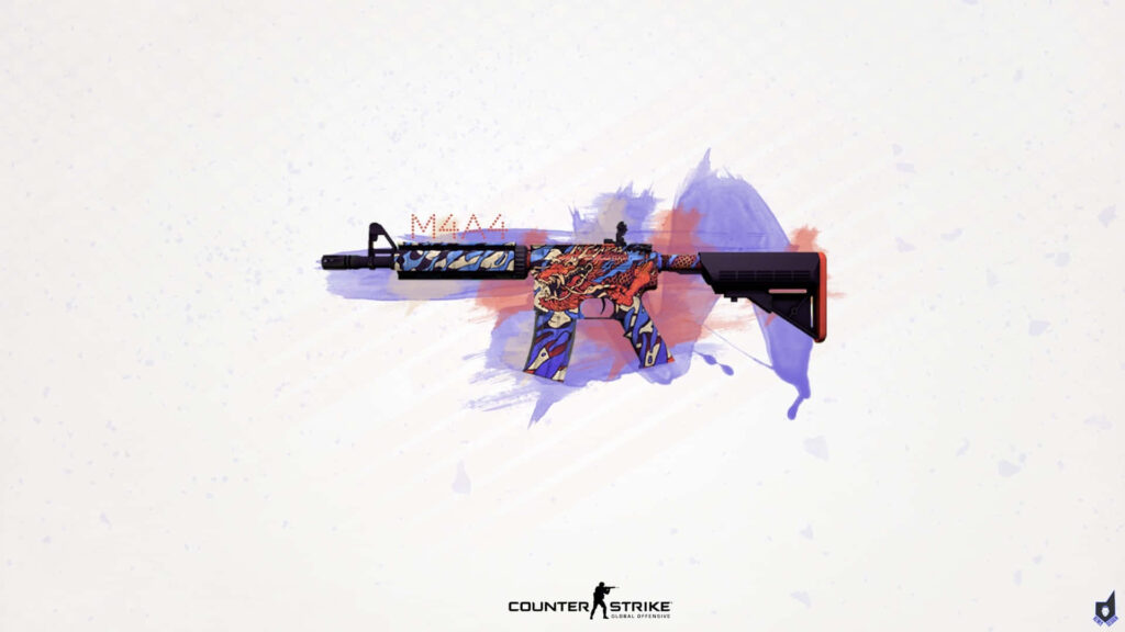 Vividly Patterned Counter-Strike Global Weapon Immersed in Vibrant Red and Purple Backdrop Wallpaper