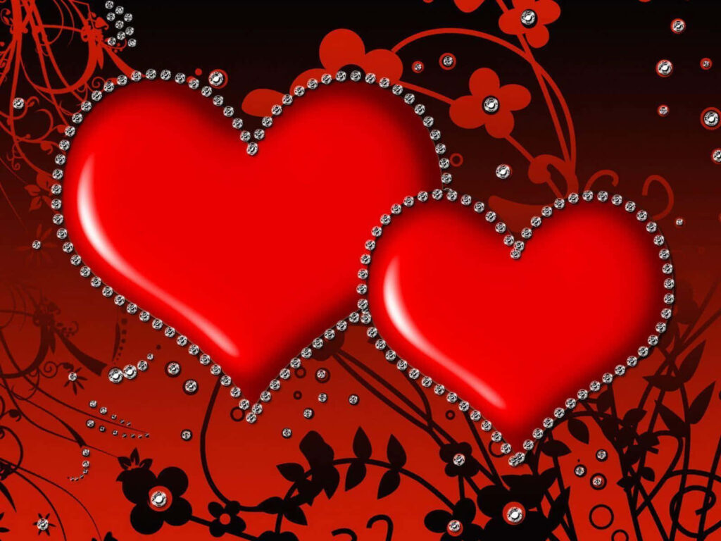 Vibrant Crimson Hearts Wallpaper with Sparkling Diamonds & Floral Design