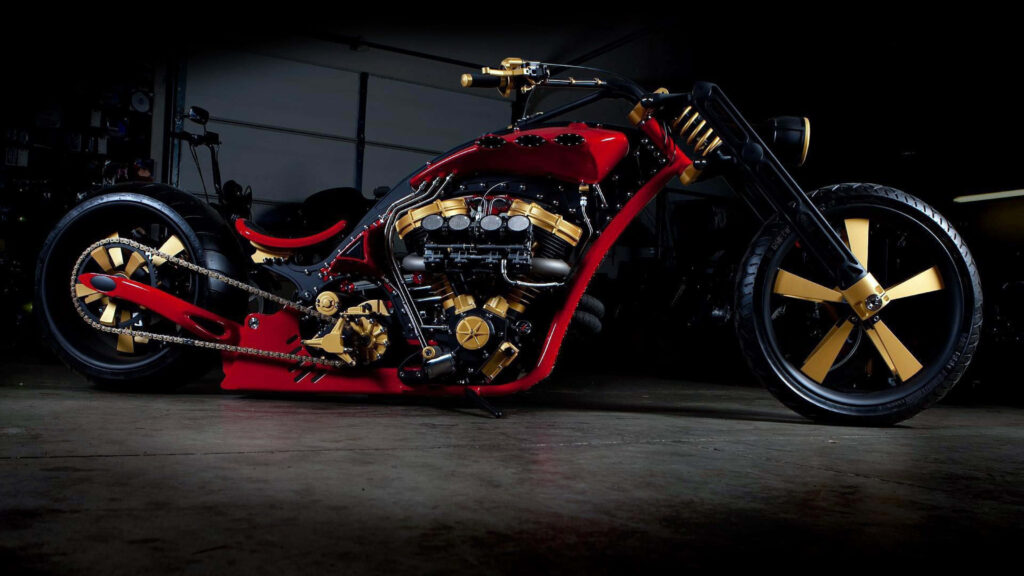 Bold Custom Motorcycle Wallpaper: Gold & Red Accents in Garage