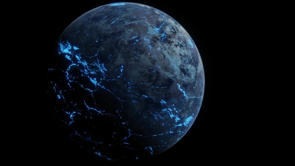 Stunning Dark Planet Wallpaper with Glowing Blue Patterns