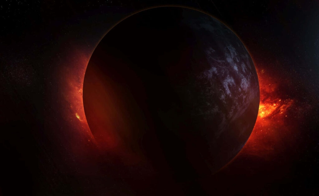 Stunning Dark Space Wallpaper: Glowing Red Planet & Fiery Hues