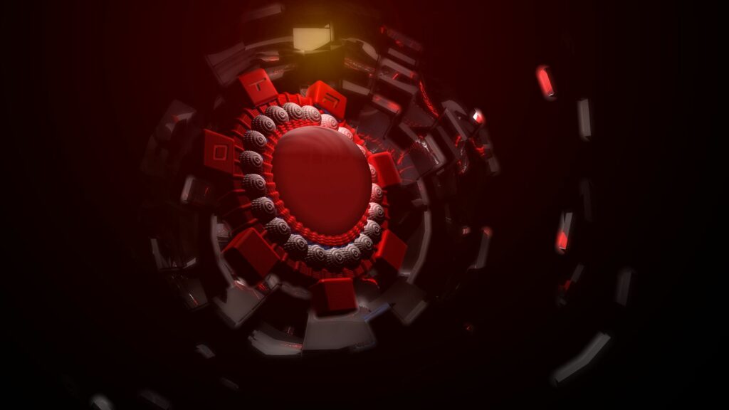 Dynamic Dark Space Wallpaper: Red Geometric Shapes & Metallic Design