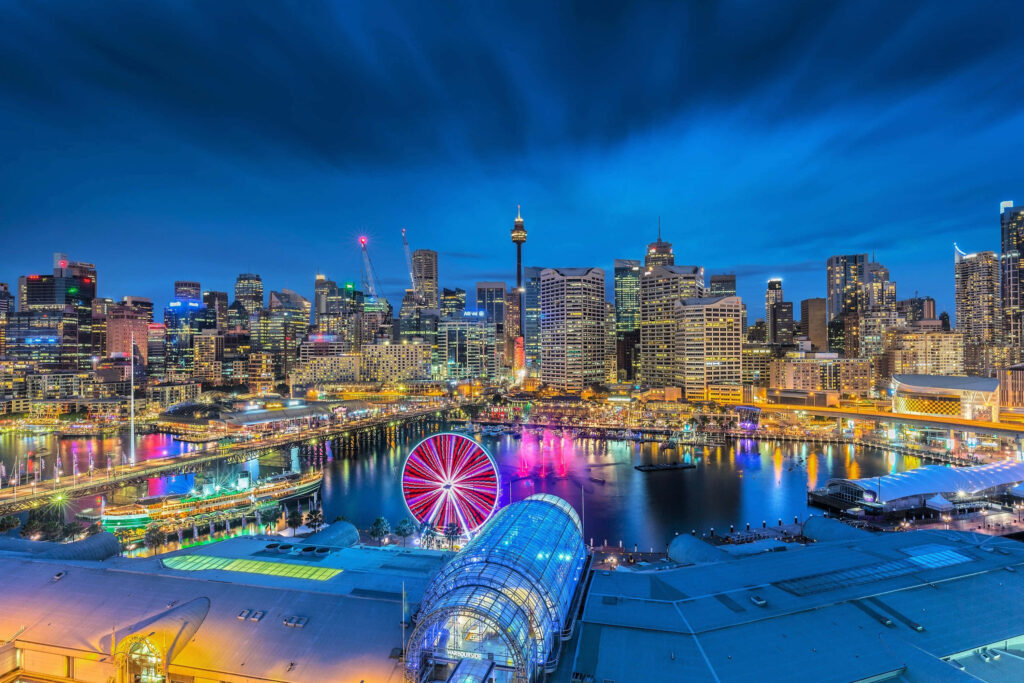 Vibrant Sydney Night View: Darling Harbour Skyline Wallpaper