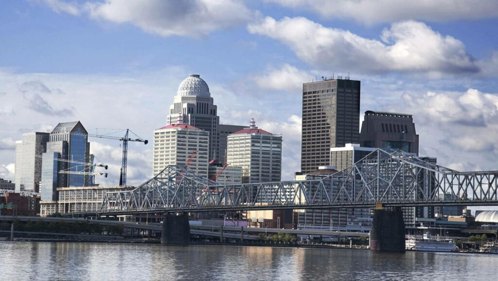 Daytime Louisville Skyline: George Rogers Clark Bridge Wallpaper