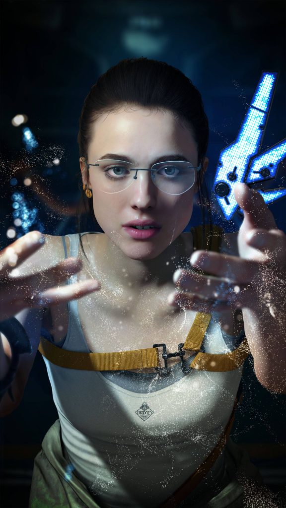 Mama from Death Stranding reaching out in cinematic lighting with ethereal blue particles wallpaper