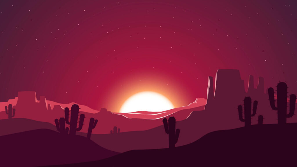 Stunning Desert Sunset Vector Art Wallpaper with Cactuses & Stars