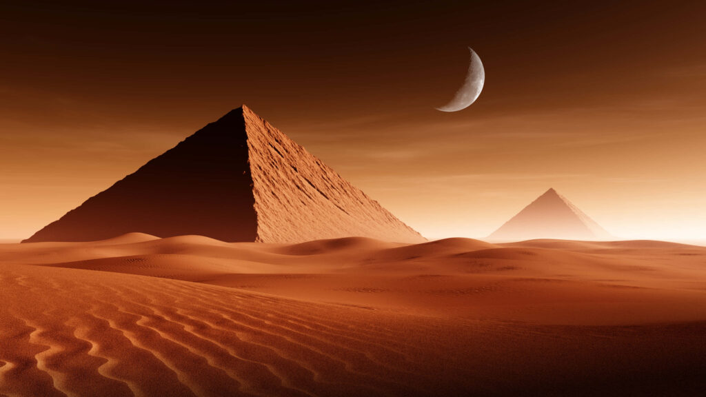 Majestic Pyramid Wallpaper: Desert Scene Under Crescent Moon