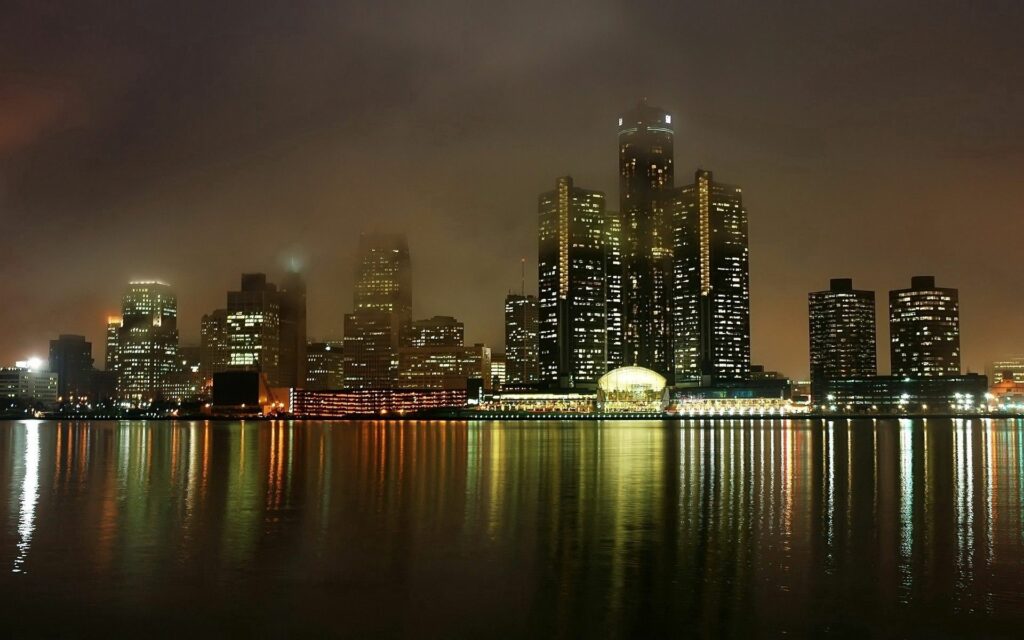Stunning Detroit Night View Wallpaper: Illuminated Skyscrapers Reflection