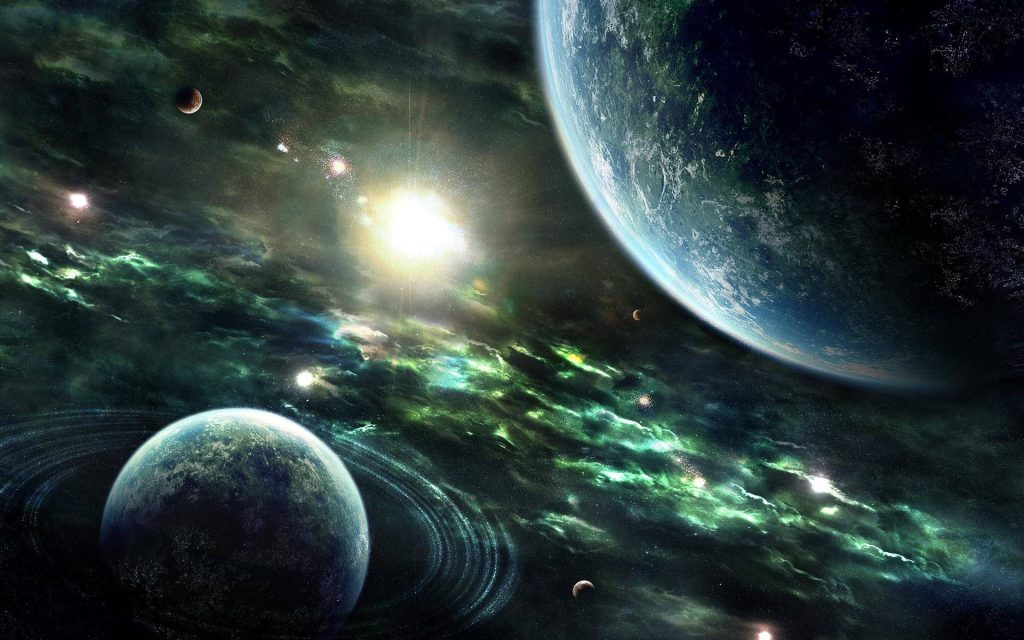 Stunning digital space art with ringed planet vibrant green nebulae distant world bright sun wallpaper