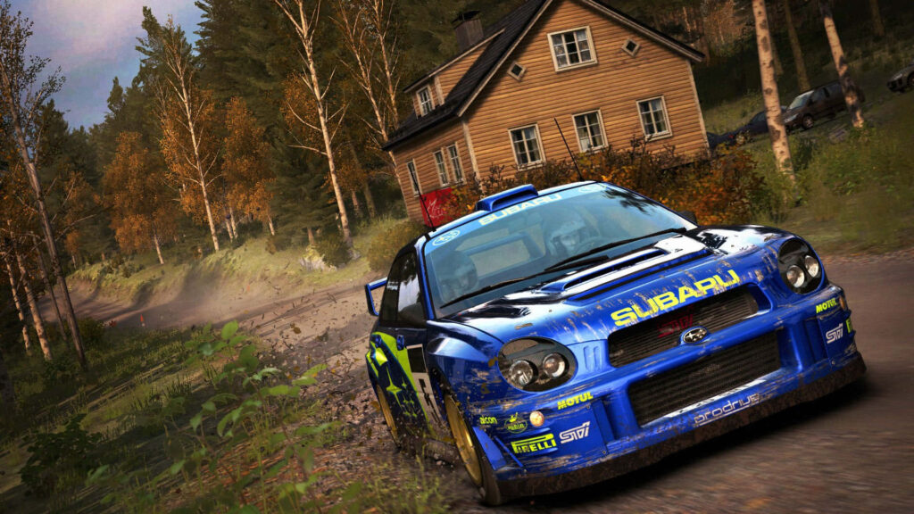 Thrilling Off-Road Adventure: Blue Subaru WRX Conquers a Wooden Terrain in Dirt Rally Wallpaper