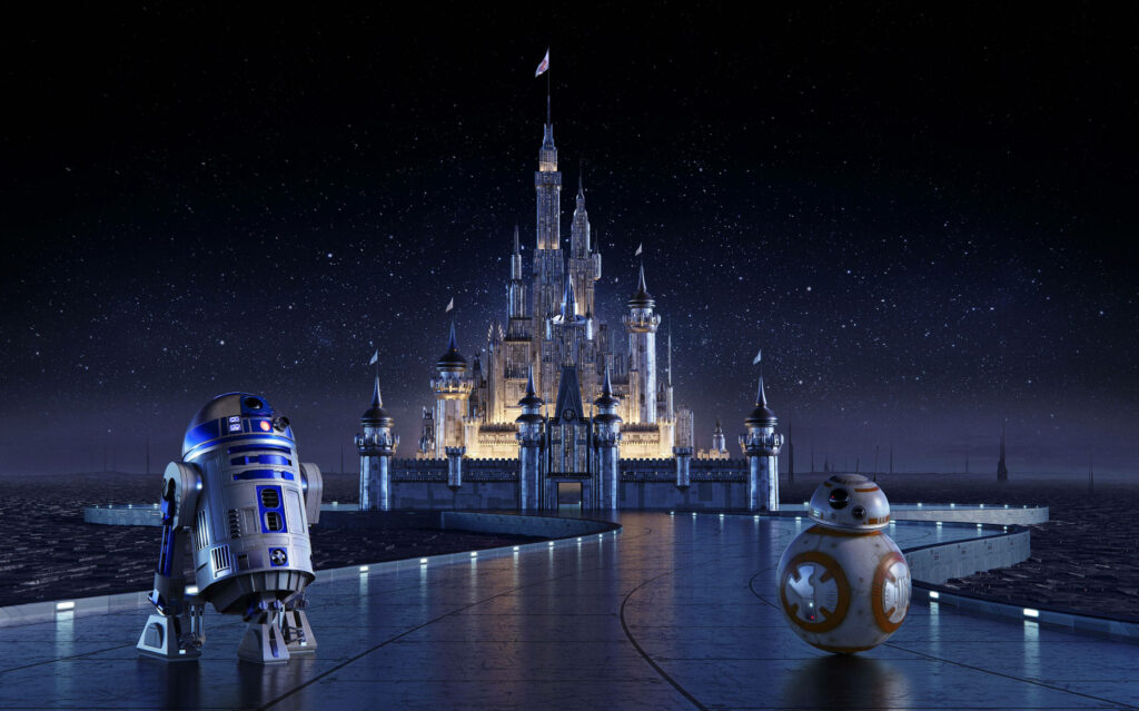 Magical Disney Castle Night Wallpaper with R2-D2 & BB-8