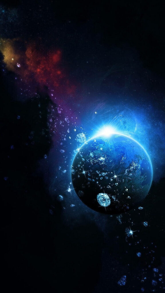 Radiant Blue Planet: Cosmic Wallpaper with Asteroids & Stars