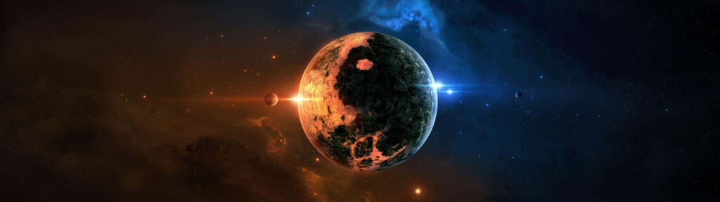 Vibrant Dual-Screen Space Wallpaper: Yellow & Blue Planet Galaxy