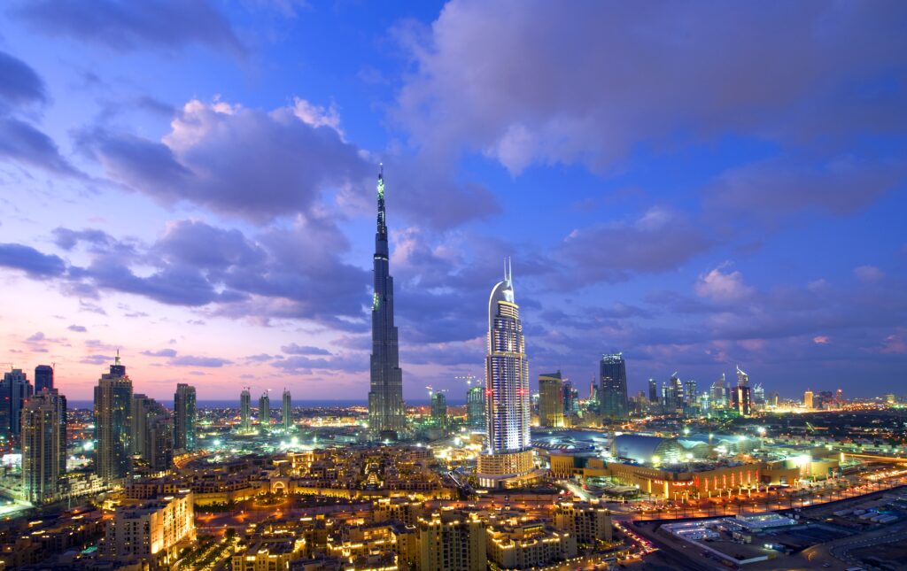 Stunning Dubai Skyline Wallpaper: Evening City Lights & Iconic Views