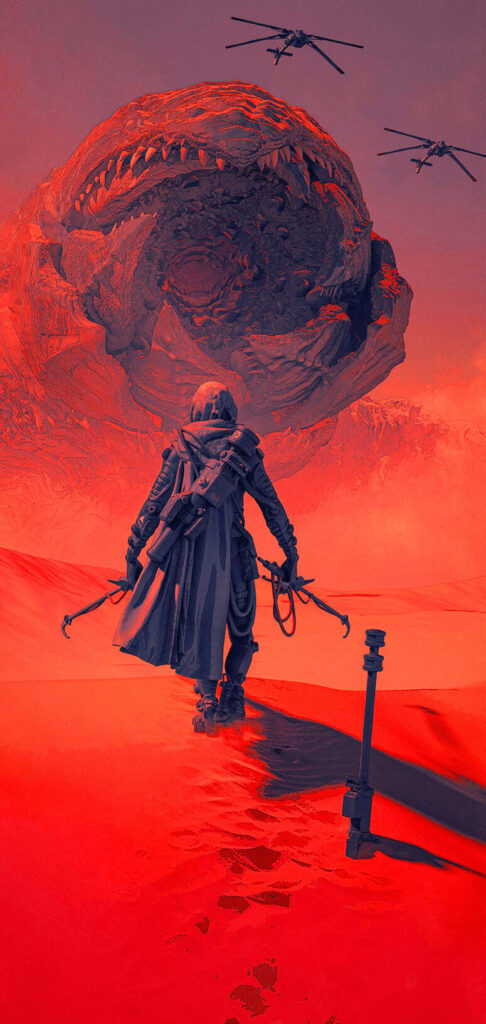 Stunning Dune 2021 Wallpaper: Sandworm and Bold Figure Scene