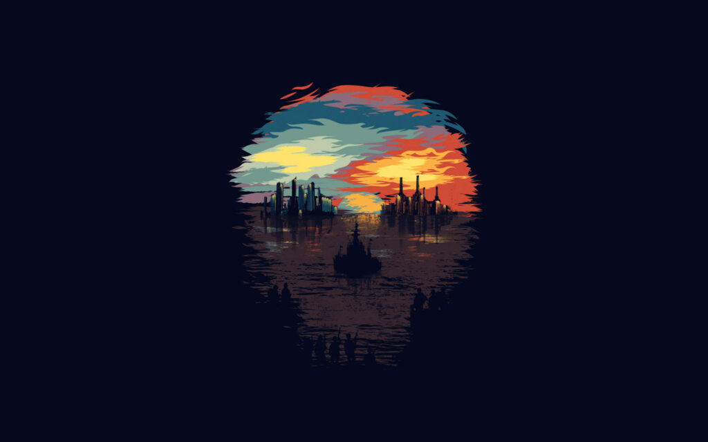 Vibrant Dystopian Skull Cityscape Wallpaper for High-Res Displays