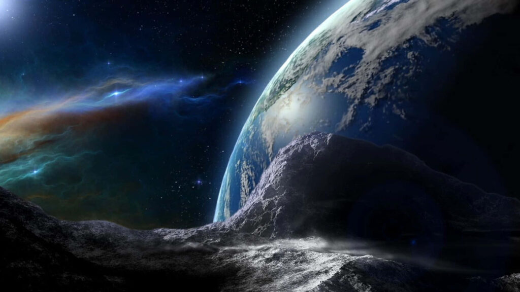 Earth viewed from an alien landscape with vibrant nebulae and glowing cosmic formations. Wallpaper