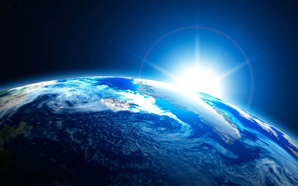 “Stunning Earth from Space Wallpaper: Cosmic Blue with Sun Rays”