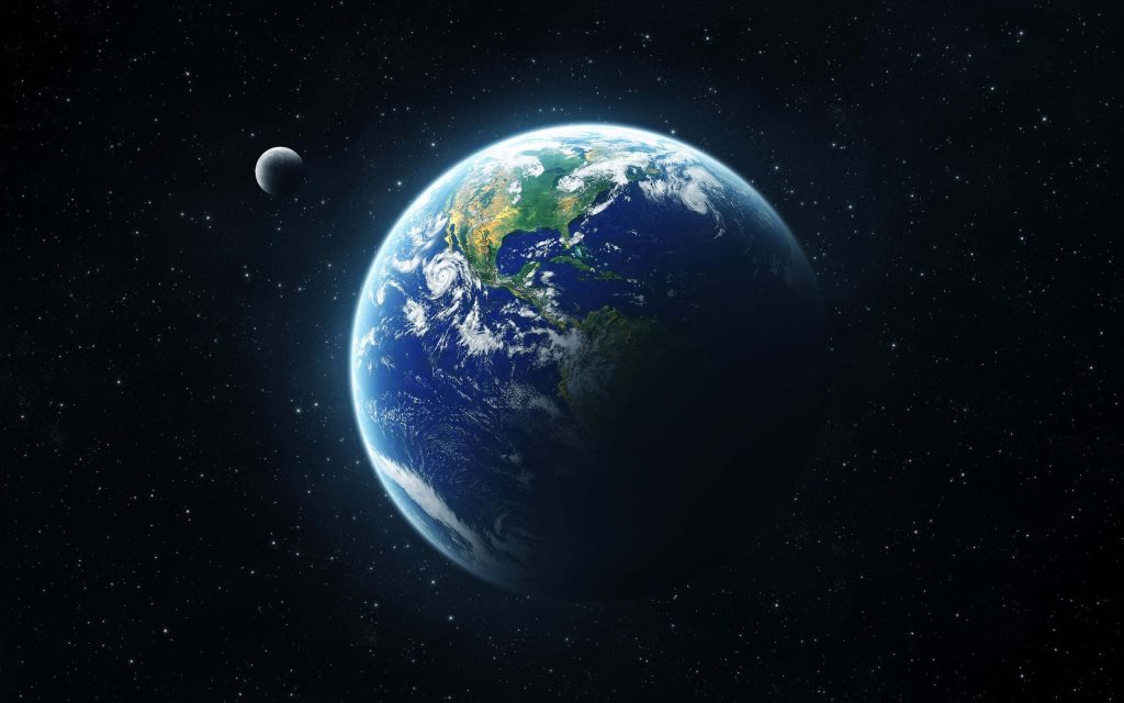 Earth and Moon in detailed space view with clouds and stars cosmic desktop wallpaper background