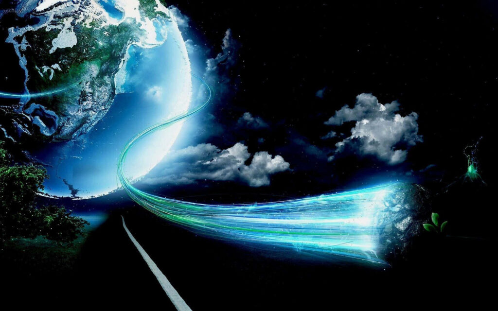 Stunning digital artwork of Earth from space with glowing energy trail in a starry cosmic landscape. Wallpaper
