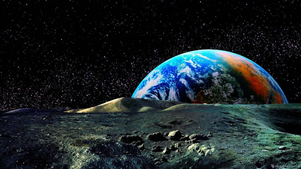 Stunning outer space wallpaper: Earth rising over lunar surface, starry sky background.