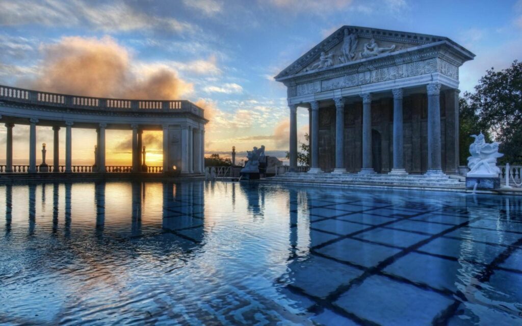 Stunning Evening Wallpaper: Architectural Elegance by Tranquil Pool