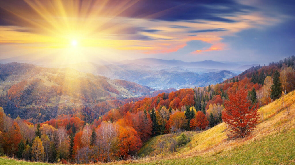 Vibrant Fall Sunrise Wallpaper: Majestic Autumn Landscape Background