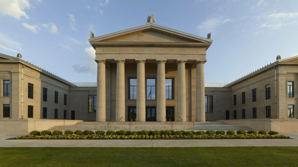 Stunning Neoclassical Federal Building Wallpaper with Blue Sky