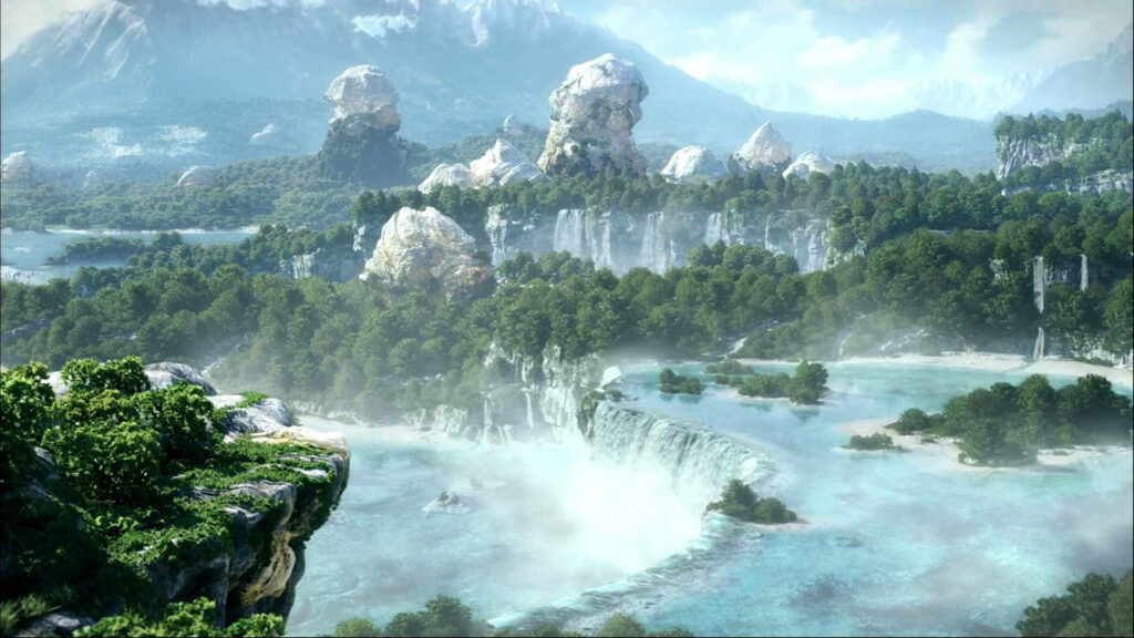 Stunning FFXIV HD Wallpaper: Waterfall & Lush Fantasy Landscape