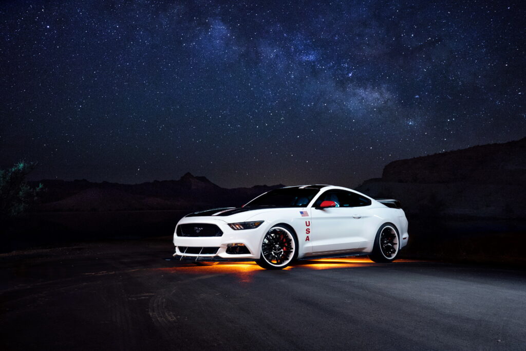 Stunning White Ford Mustang Wallpaper: Starry Night Backdrop