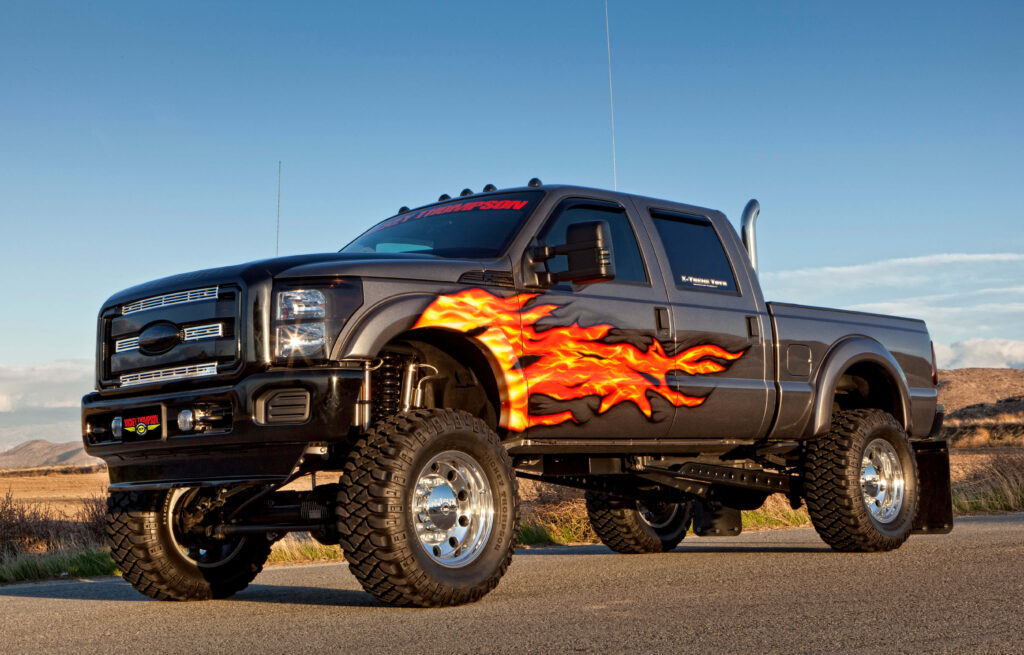 Rugged Ford Truck Wallpaper: Lifted Design & Flame Decals