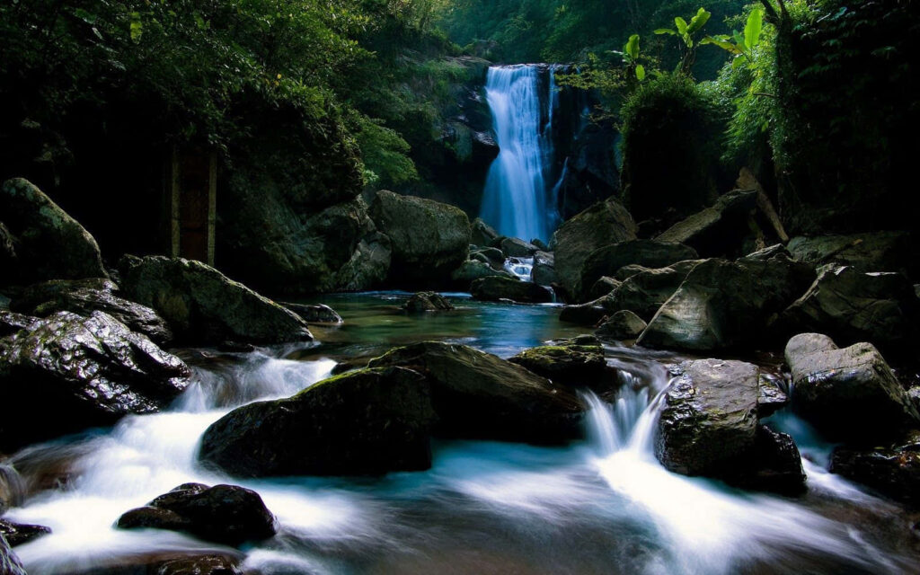 Serene Forest Wallpaper: Crystal-Blue Waterfall & Lush Greenery