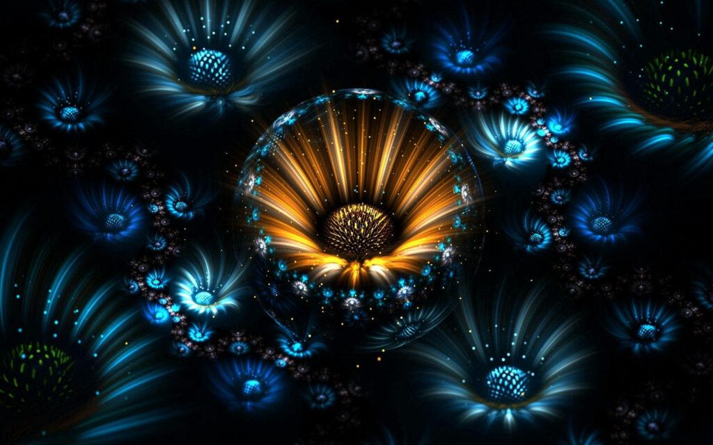 Luminous Blue & Gold Fractal Flower Wallpaper: Mesmerizing Background