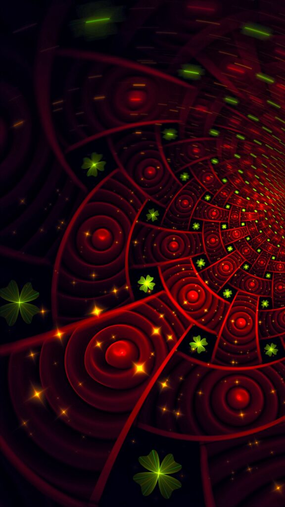Stunning Red Fractal Wallpaper with Green Accents and Gold Sparkles