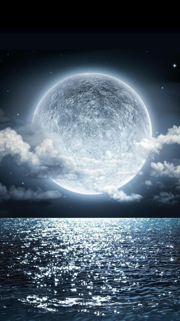 Stunning Full Moon Wallpaper: Night Sky Reflections on Ocean Waves
