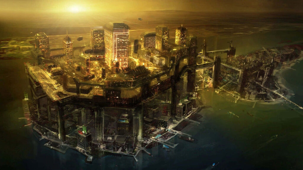 Futuristic City Wallpaper: Golden Sunset Over Water & Intricate Design