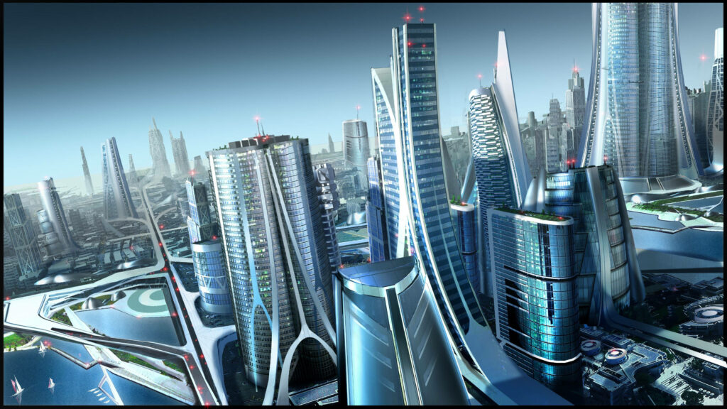 Stunning Futuristic Cityscape: Dazzling Blue Skyscrapers Wallpaper