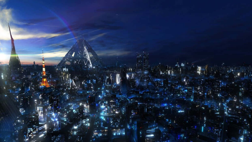 Futuristic Cityscape at Twilight: Vibrant Lights & Modern Architecture Wallpaper