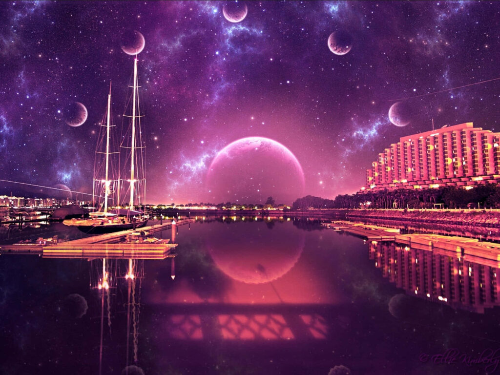Futuristic Cityscape Wallpaper: Mesmerizing Night View & Cosmic Sky