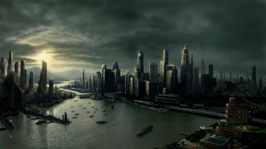 Futuristic Cityscape Wallpaper: Skyscrapers & River under Dramatic Sky