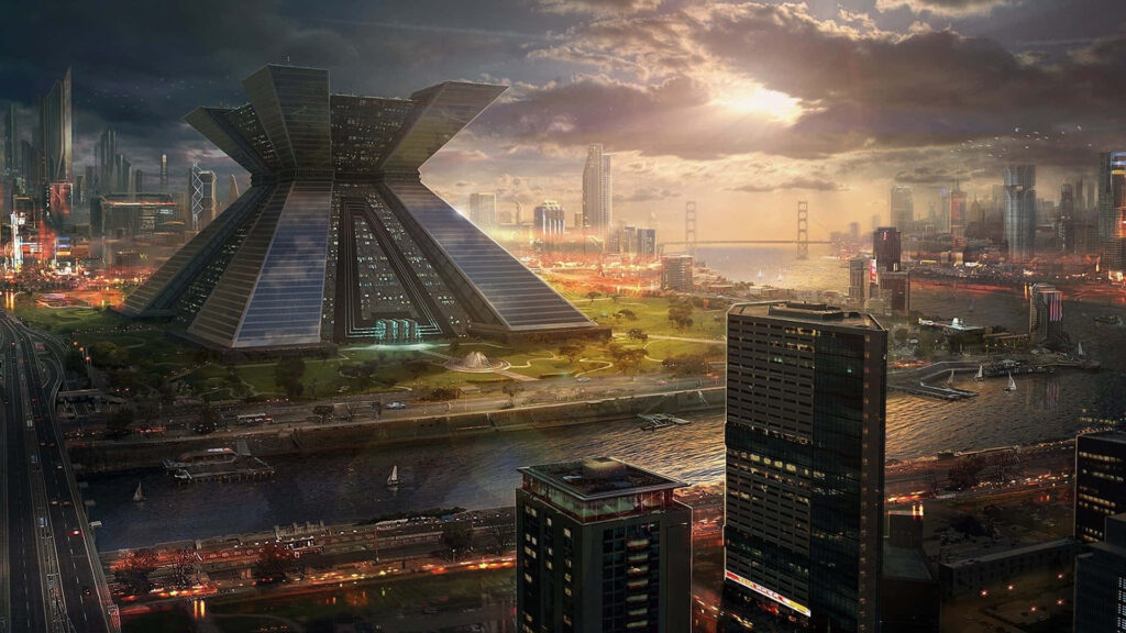 Futuristic Cityscape Wallpaper: Skyscraper & Sunset Urban Landscape