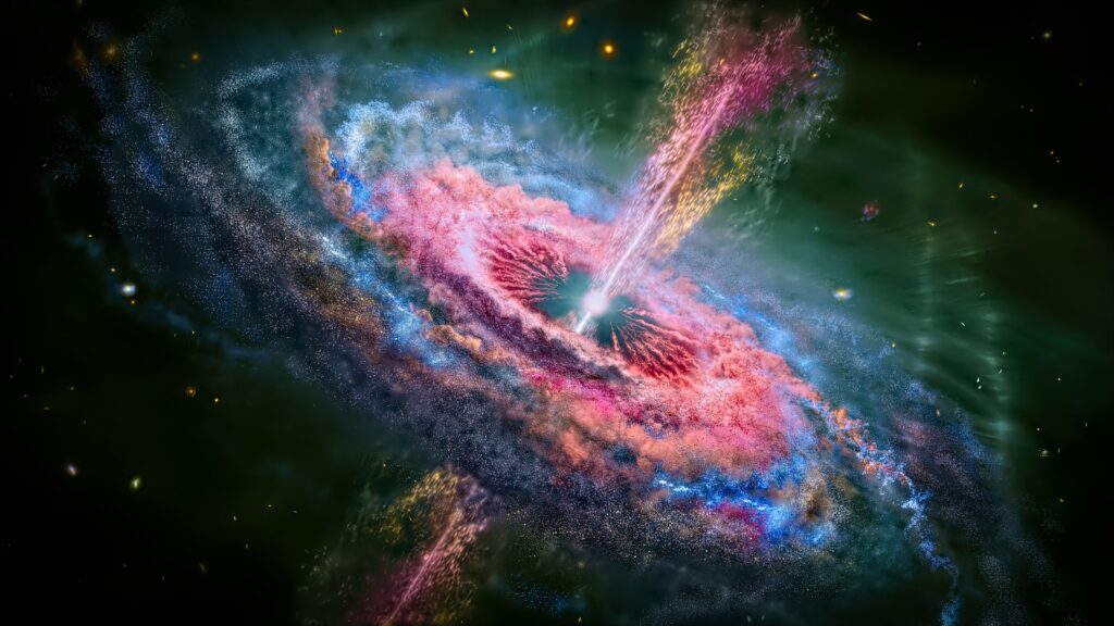 Cosmic Nucleus Wallpaper: Vibrant Galaxy Design in Pink, Blue, Green