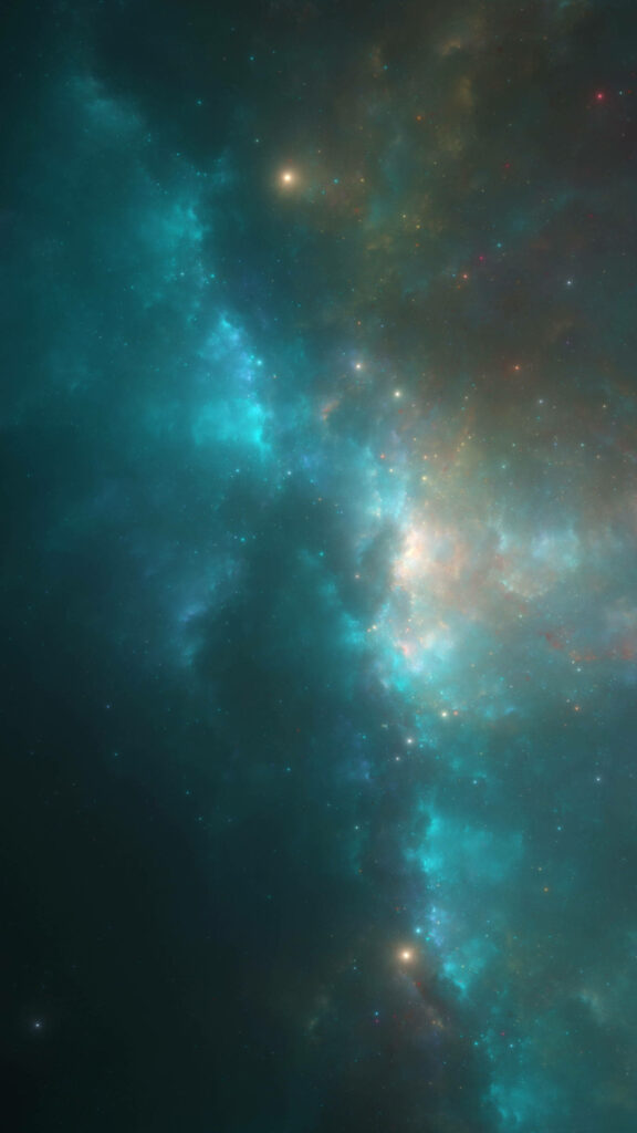 Vibrant space-themed wallpaper featuring a galaxy in blue, green, and gold hues with stars.