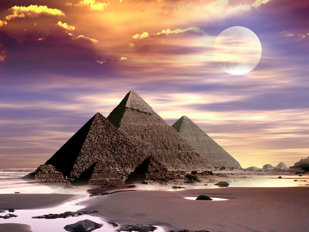 Stunning Giza Pyramids Digital Art Wallpaper with Sunset Background