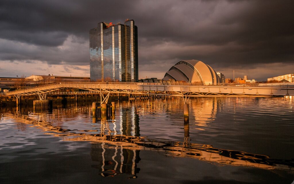 Glasgow Skyline Wallpaper: Clyde Arc Bridge & River Reflection