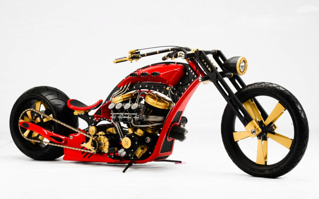 Stunning Gold & Red Custom Chopper Motorcycle Wallpaper Background