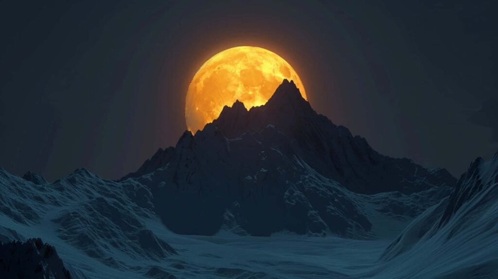 Enchanting Golden Moon Wallpaper Behind Rugged Mountain Peaks