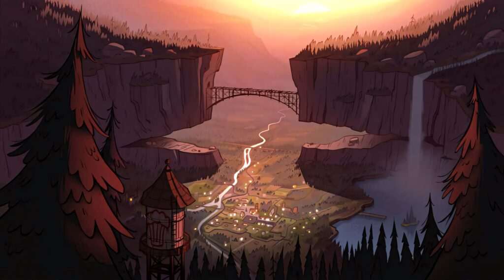 Stunning Gravity Falls Wallpaper: Enchanting Sunset Valley Scene